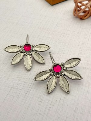 Pink Stone Half Flower Design Hook Earrings