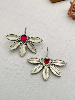 Pink Stone Half Flower Design Hook Earrings