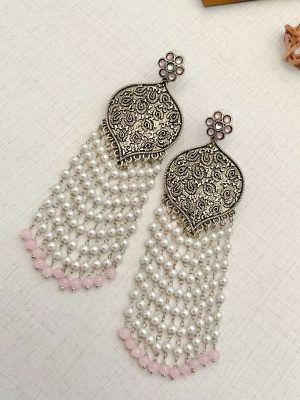 German Silver Long Pearl Hangings Dangler Earrings