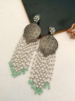 German Silver Long Earrings With Pearl Hangings