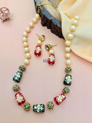 Imitation Gold Plateed Jaipuri Stones Pearl Mala With Earrings