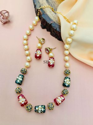 Imitation Gold Plateed Jaipuri Stones Pearl Mala With Earrings