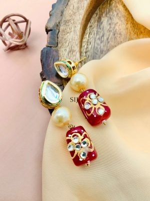 Imitation Gold Plateed Jaipuri Stones Pearl Mala With Earrings