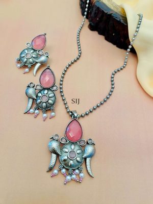 German Silver Plated Dual Peacock Pink Stone Chain And Pendant With Earrings