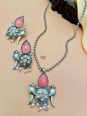 German Silver Plated Dual Peacock Pink Stone Chain And Pendant With Earrings