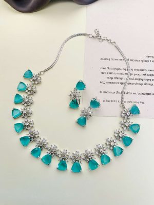 Silver Plated Blue AD Stones Necklace With Earrings