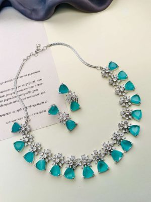 Silver Plated Blue AD Stones Necklace With Earrings