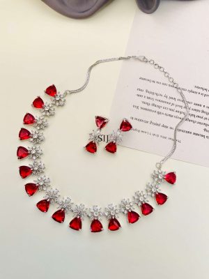 German Silver Plated Red AD Stones Necklace With Earrings