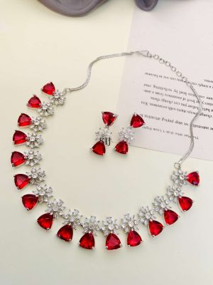 German Silver Plated Red AD Stones Necklace With Earrings