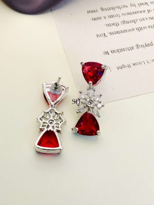 German Silver Plated Red AD Stones Necklace With Earrings