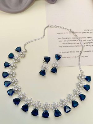 German Silver Plated Dark Blue AD Stones Necklace With Earrings