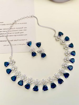 German Silver Plated Dark Blue AD Stones Necklace With Earrings