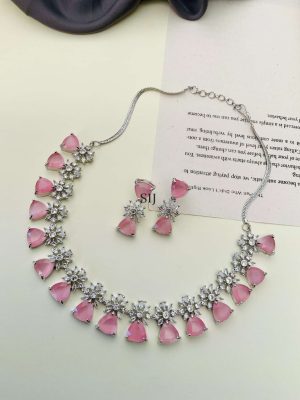 German Silver Plated Light Pink AD Stones Necklace With Earrings