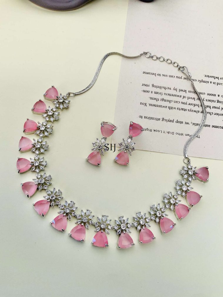 German Silver Plated Light Pink AD Stones Necklace With Earrings