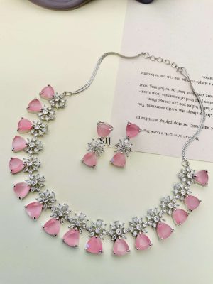 German Silver Plated Light Pink AD Stones Necklace With Earrings