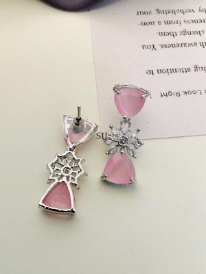 German Silver Plated Light Pink AD Stones Necklace With Earrings