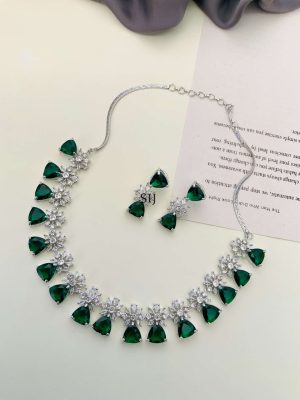 German Silver Plated Emerald Green AD Stones Necklace With Earrings