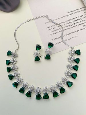 German Silver Plated Emerald Green AD Stones Necklace With Earrings