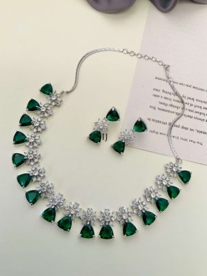 German Silver Plated Emerald Green AD Stones Necklace With Earrings