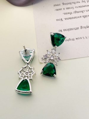 German Silver Plated Emerald Green AD Stones Necklace With Earrings