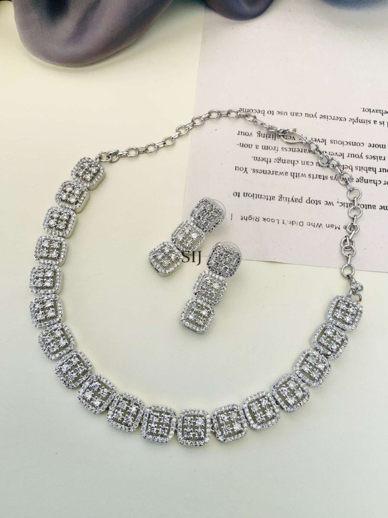 German Silver Plated White AD Stones Necklace With Earrings