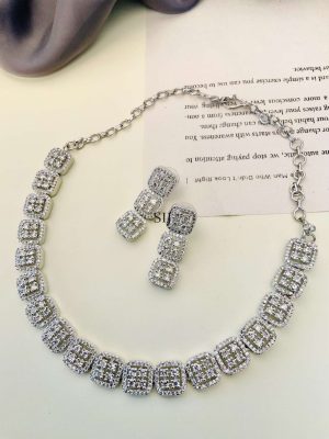 German Silver Plated White AD Stones Necklace With Earrings