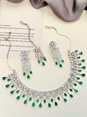 German Silver Plated AD Stones Necklace With Earrings And Maang Tikka