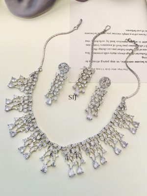 German Silver Plated AD Stones Necklace With Earrings And Maang Tikka