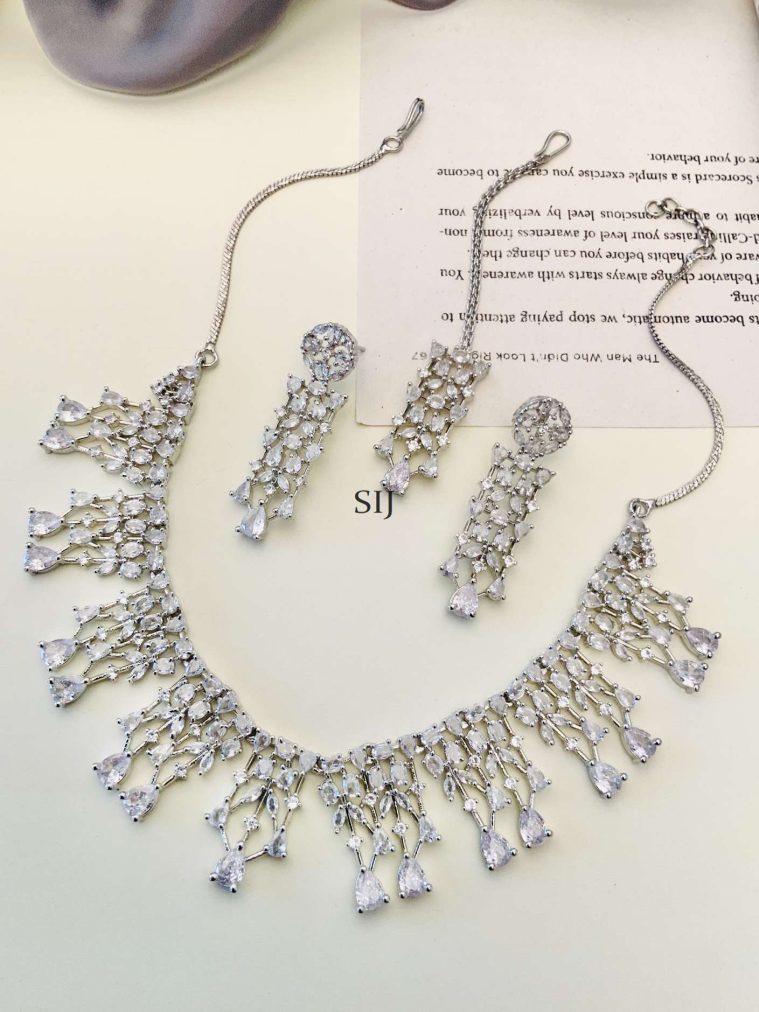 German Silver Plated AD Stones Necklace With Earrings And Maang Tikka
