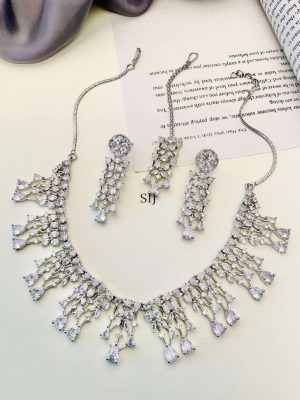 German Silver Plated AD Stones Necklace With Earrings And Maang Tikka