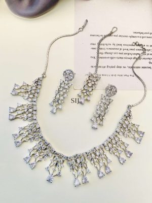 German Silver Plated AD Stones Necklace With Earrings And Maang Tikka