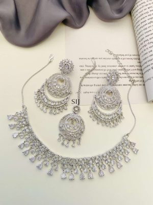 Imitation German Silver Plated AD Stones Necklace With Earrings And Maang Tikka