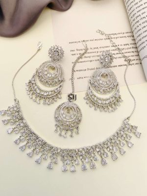 Imitation German Silver Plated AD Stones Necklace With Earrings And Maang Tikka