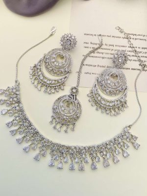 Imitation German Silver Plated AD Stones Necklace With Earrings And Maang Tikka