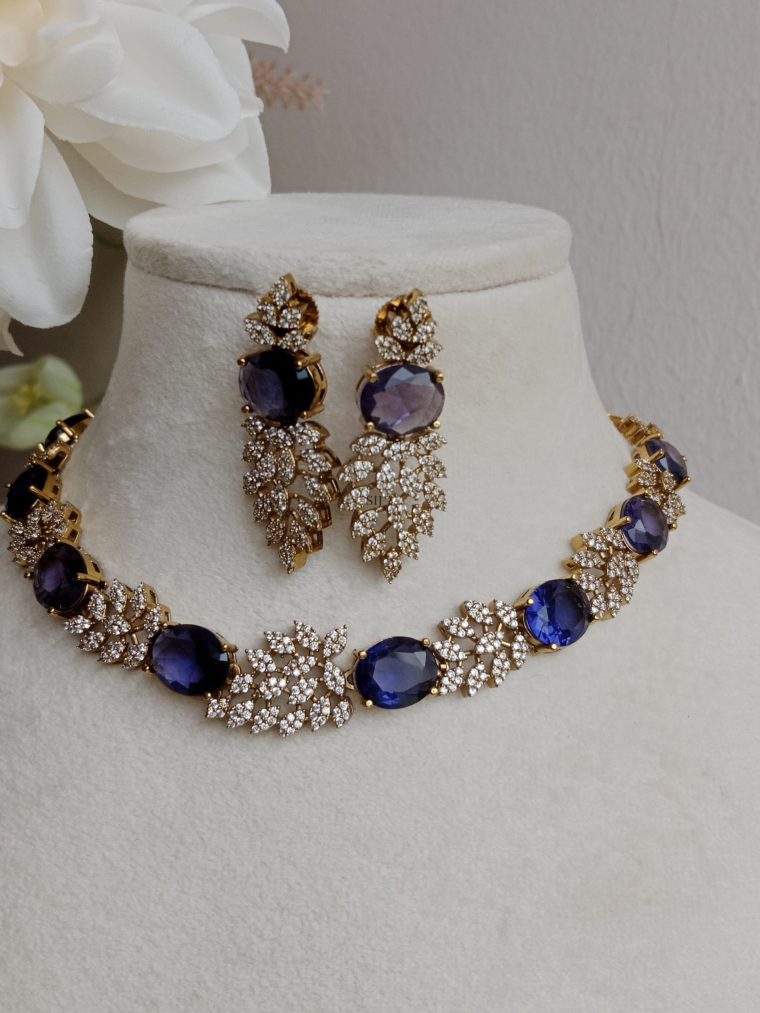 Gold Plated AD White and Purple Stones Necklace