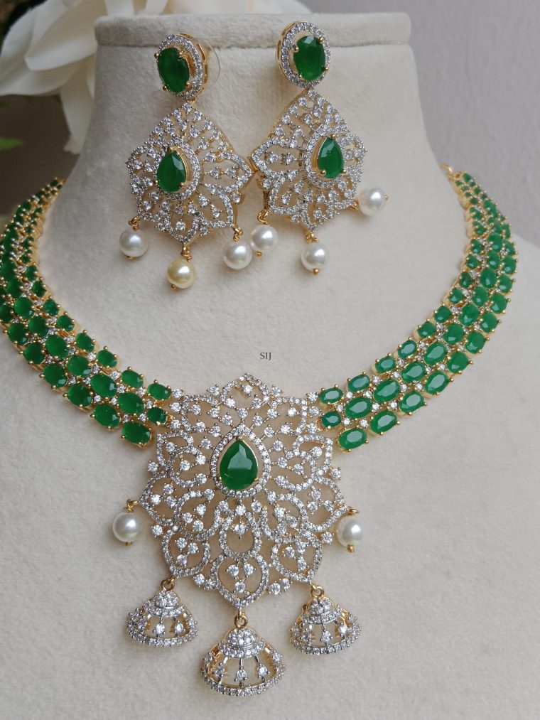 Three Lines Emerald and AD Stones Necklace