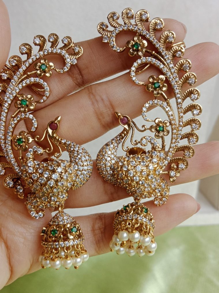 Gold Finish Full Ear Peacock Earrings with Jhumkas