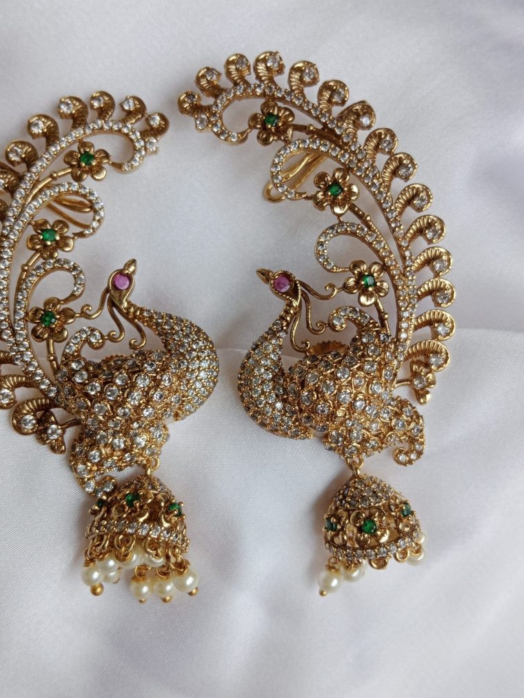 Gold Finish Full Ear Peacock Earrings with Jhumkas