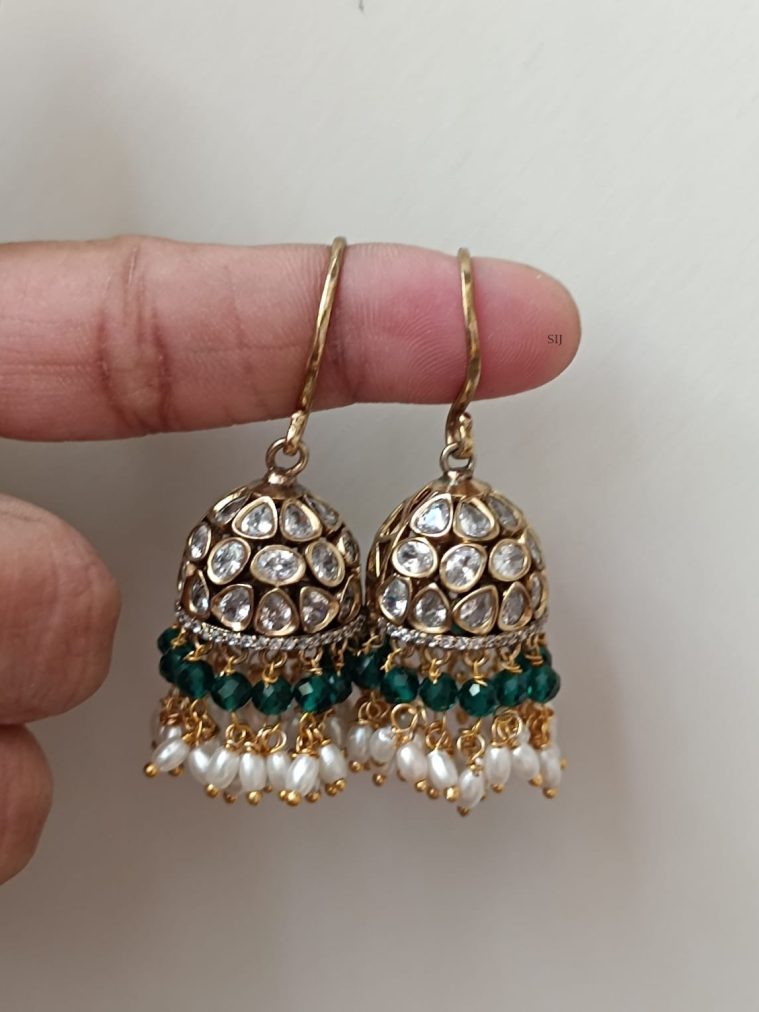 Matte Finish Emerald Beads and AD Stones Hook Jhumkas