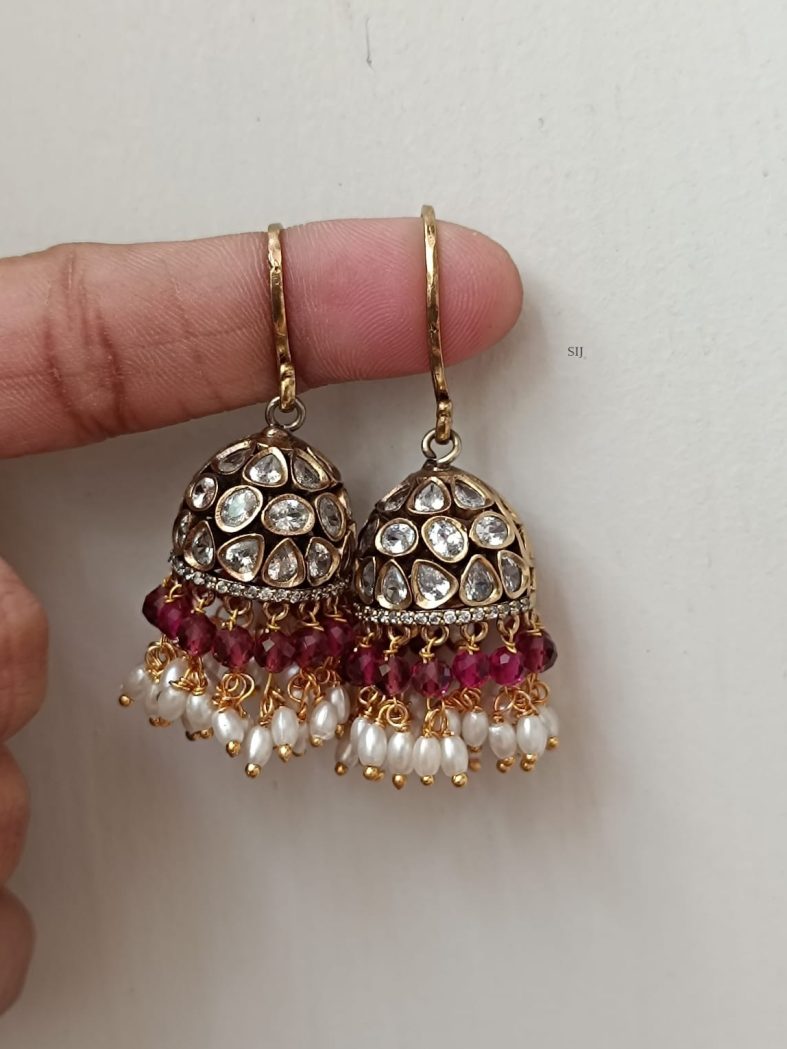 Gold Finish Ruby and Pearl Drop Hook Jhumkas