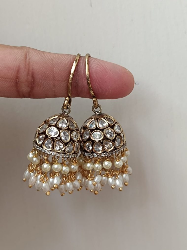 Imitation AD Stones and Pearl Drop Hook Jhumkas