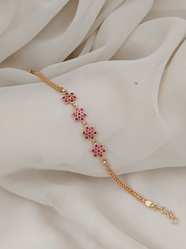 Gold Finish Ruby CZ Stones Flower Design Bracelet