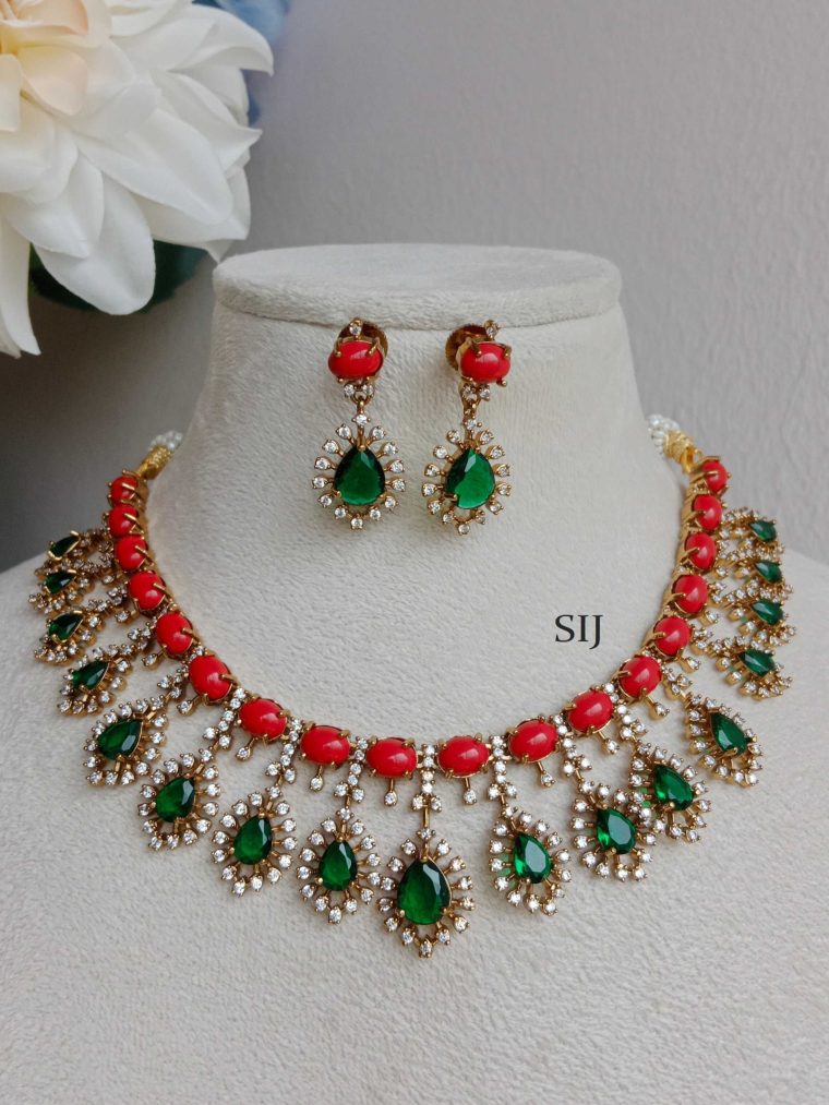 Artificial Coral Stud Emerald Drop Necklace Set