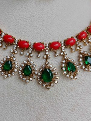 Artificial Coral Stud Emerald Drop Necklace Set