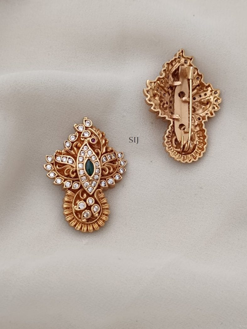 Gold Finish Green Kemp and AD Stones Saree Pin