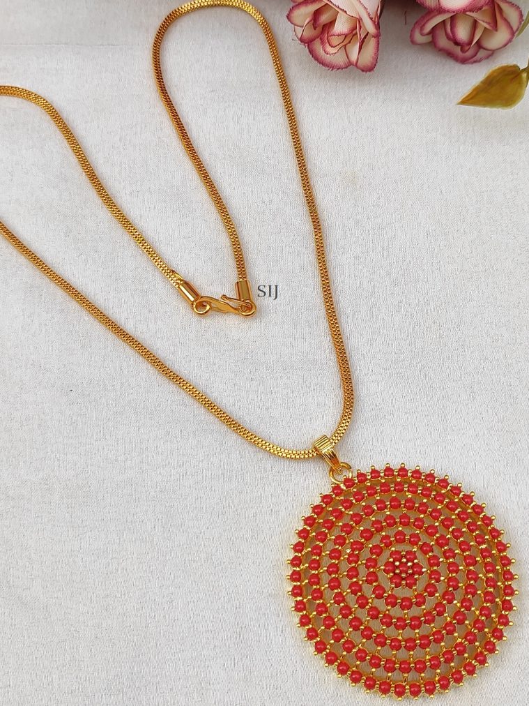 Gold Finish Orange Pearl Round Pendant Chain