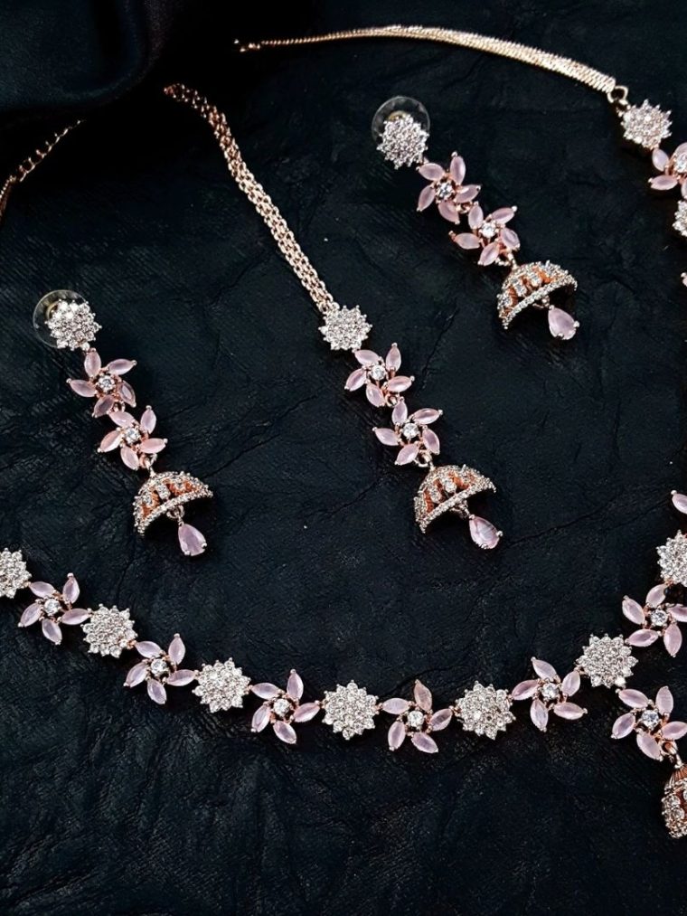 Rose Gold Flowers Necklace With Earrings And Tikka