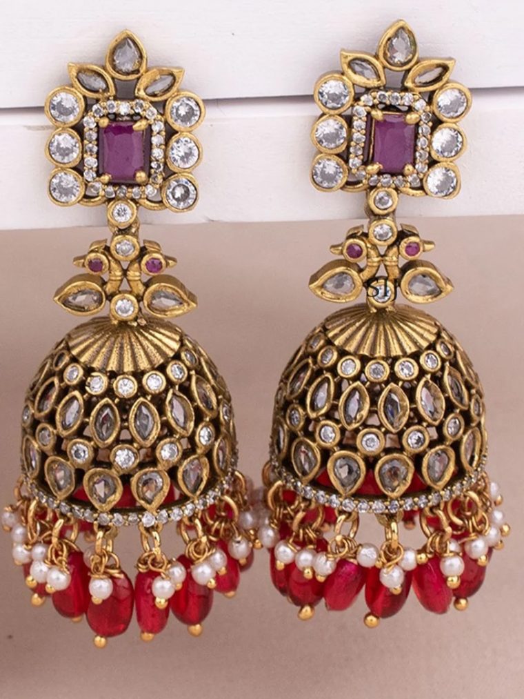 Imitation AD Stones Red And Green Beads Jhumkas