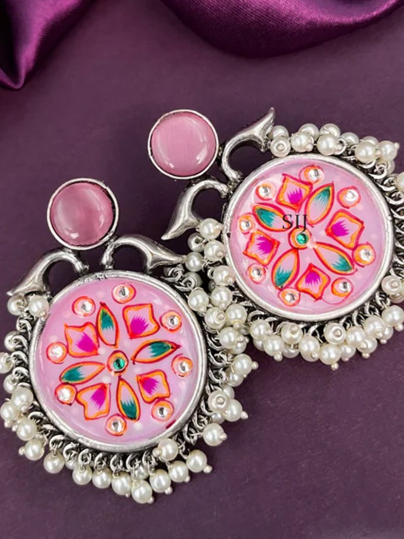 Artificial Meenakari Pink Handmade Oxidised Earrings