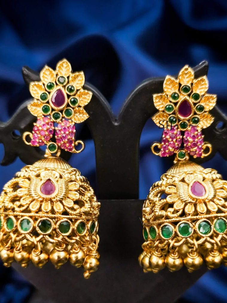 Gold Plated Green And Red Stone Jhumkas